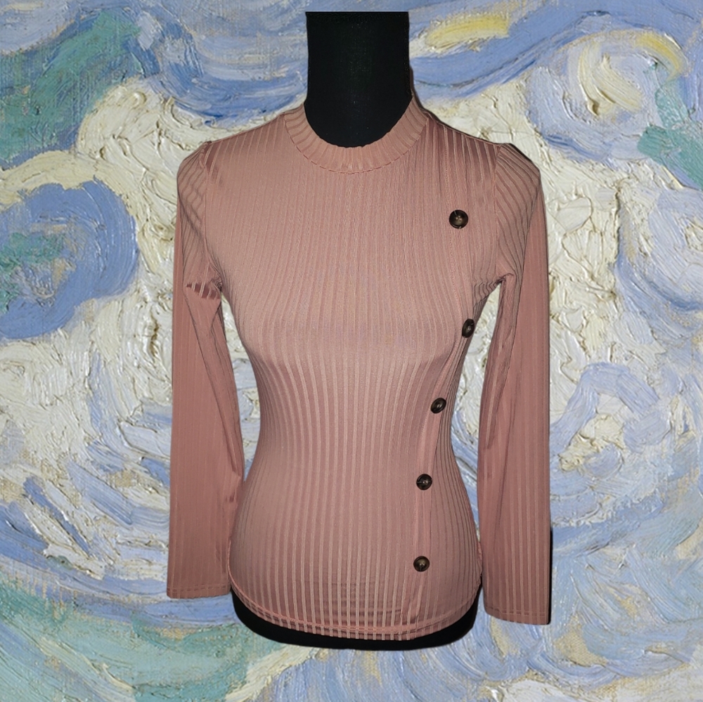 💖Pink Long Sleeve Bodycon Faux Button Down Top (SIZE XS)
